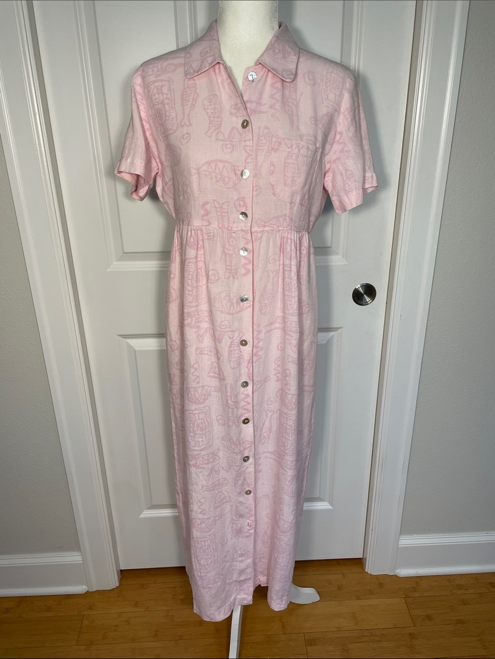 Match Linen Maxi Button Up Dress Size 4 Petite Pink Short Sleeve Fish Print VTG